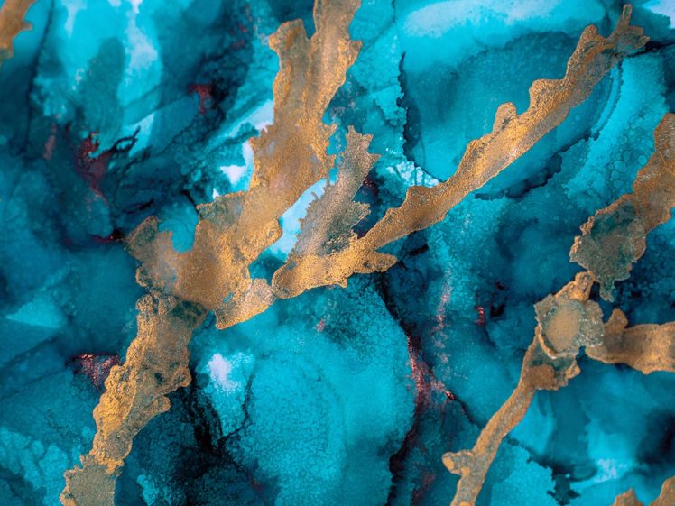 Image of Abstract painting featuring vibrant turquoise and teal swirls with bold, irregular gold streaks running across the image, creating a dynamic and textured composition.