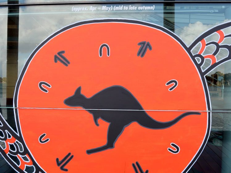 Image of A mural shows a black kangaroo silhouette inside an orange circle with Aboriginal-style designs and symbols; above it, the word DJIRAN and a note about the months April to May appear on a glass window.