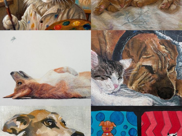 Image of A collage of six animal paintings, mostly cats and dogs in various poses and styles. In the bottom-left corner, text reads Prize Winners. The bottom-right artwork is colourful and cartoonish; others are more realistic.