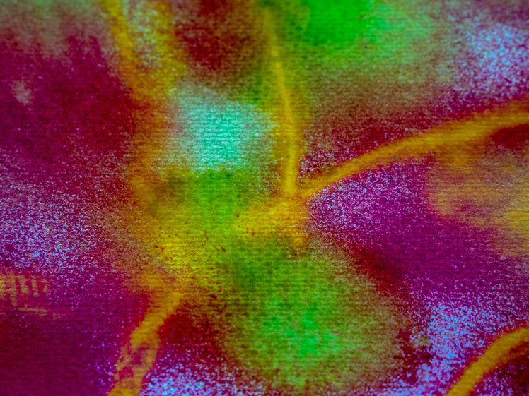 Image of Abstract painting with vibrant splashes of green, yellow, and blue blending into bright magenta and purple areas, creating a textured, colourful, and dynamic composition on canvas.