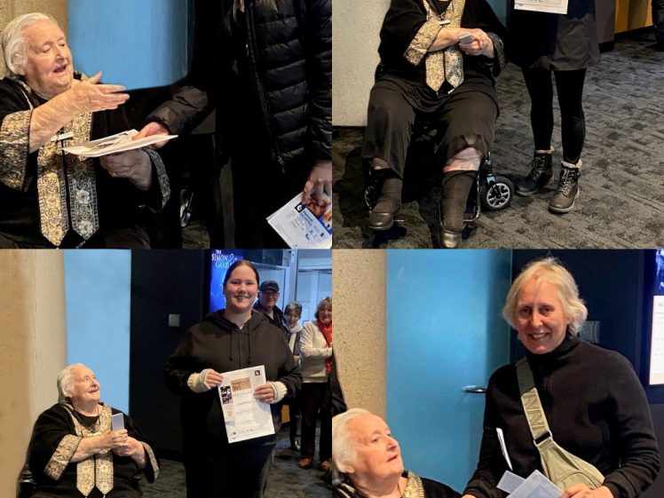 Image of A collage of four photos showing an elderly woman in a wheelchair handing out certificates to four different smiling people inside a building; each recipient stands beside her holding their certificate.