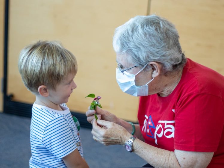 Image of An older woman wearing a red shirt and face mask shows a small toy or craft to a young boy with blond hair, who looks at it with interest. They are indoors, near a light-coloured wall.