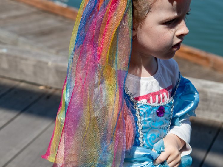 Image of A young child in a blue princess costume with a colourful, rainbow veil and pink floral headband stands on a wooden jetty by the water, looking to the side in sunlight.