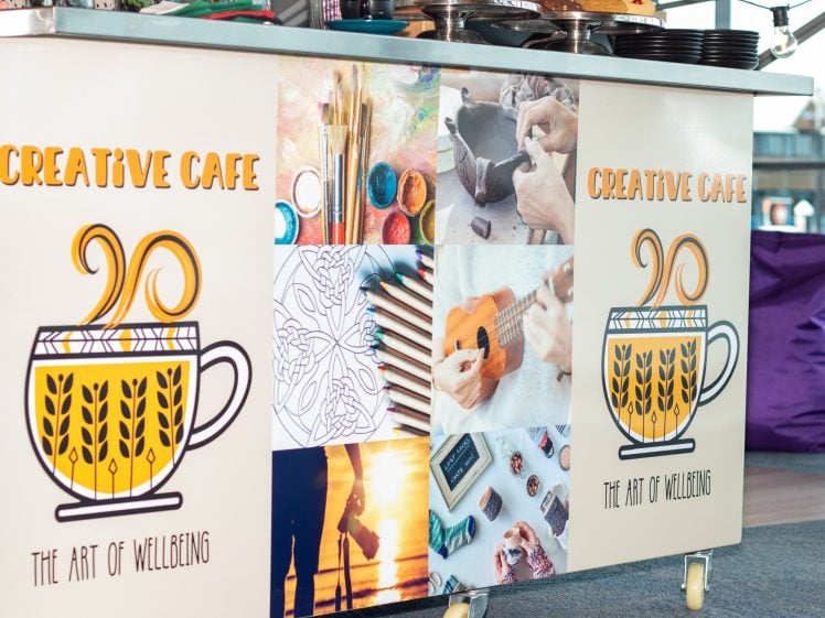 Image of A sign for “Creative Café: The Art of Wellbeing” features a yellow coffee cup and photos of art supplies, colouring, crafting, a ukulele, painting, and creative activities.