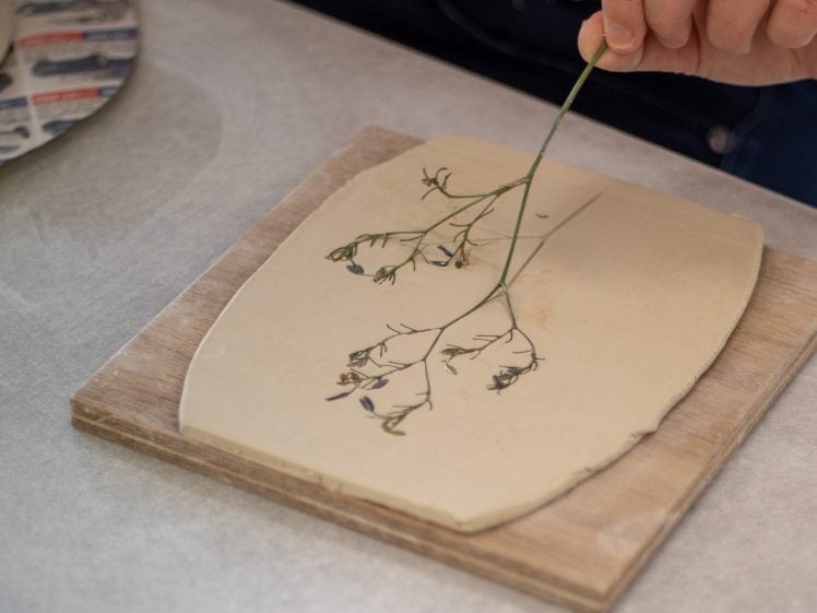 Image of A hand presses a small, delicate plant onto a flat sheet of clay on a wooden board, creating an impression of the plant’s details.