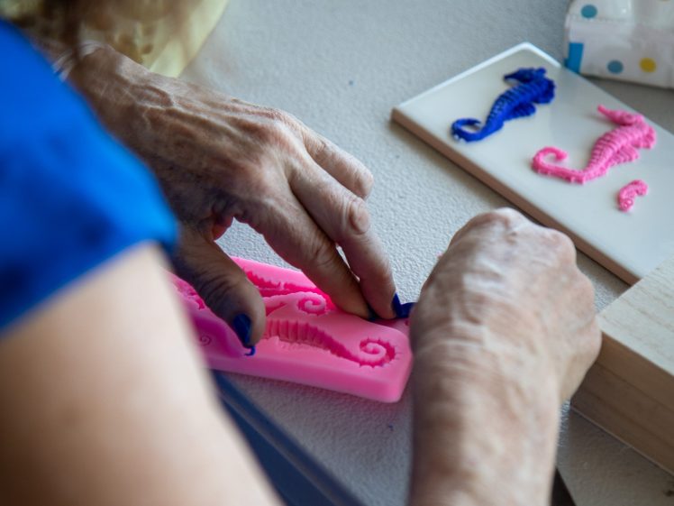 Image of A person uses their hands to press material into a pink silicone mould shaped like seahorses, with finished blue and pink seahorse shapes visible on a white surface nearby.