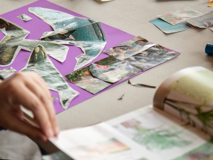 Image of A person cuts out magazine images for a collage, with colourful paper, glue sticks, and various cut-outs spread on a table.