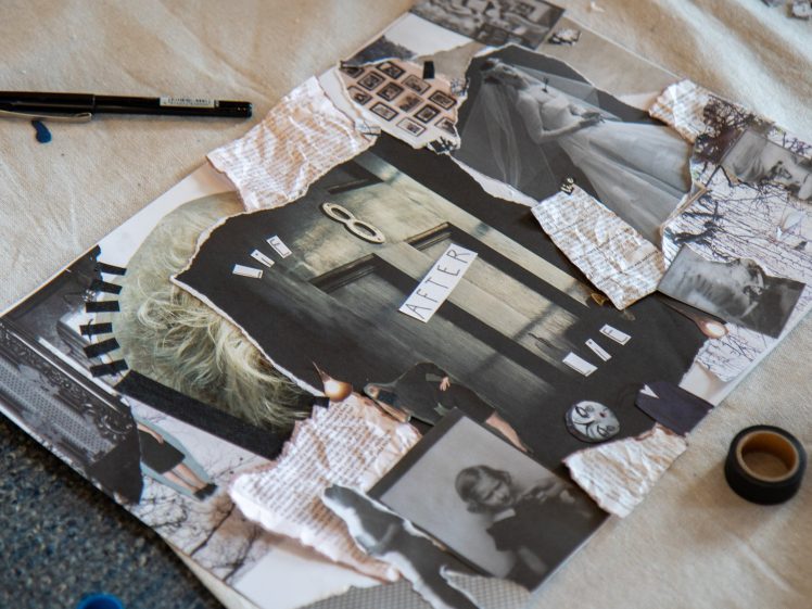 Image of A collage of torn black-and-white photos and textured paper, featuring the word AFTER and the number 8, lies flat on a surface with a pen and masking tape nearby.
