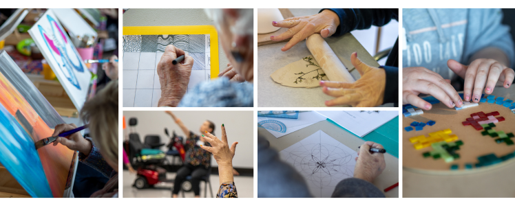 Image of A collage shows hands engaged in various art activities: painting, drawing, sculpting clay, making mosaic art, and gesturing mid-activity in a creative arts setting.