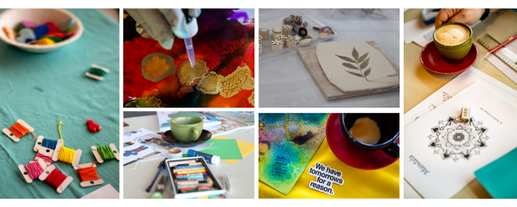 Image of A collage of arts and crafts activities, including embroidery threads, painting, leaf prints, a mandala drawing, coloured pencils, a cup of coffee, and assorted creative supplies on tables.