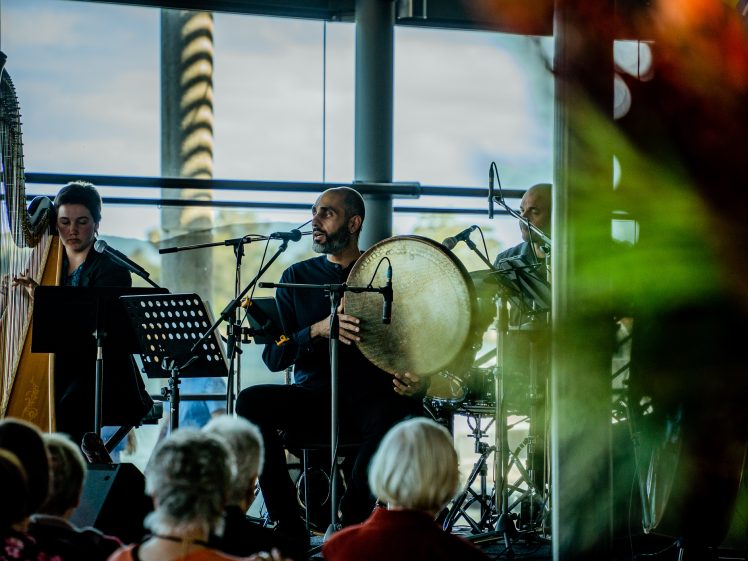 Image of A seated musician plays a large frame drum and sings into a microphone on stage, accompanied by a harpist and other band members, whilst an audience watches indoors. The scene is softly lit with blurred plants in the foreground.