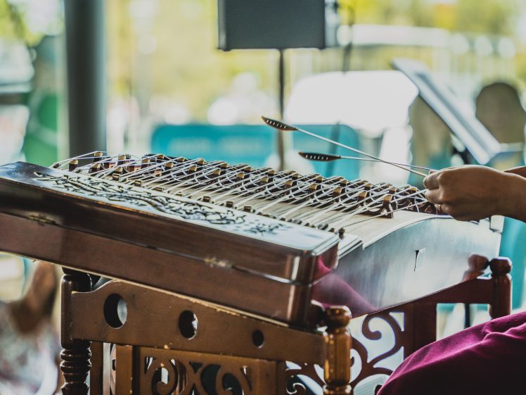 Image of A person plays a hammered dulcimer, striking its strings with two small hammers. The instrument is wooden with ornate carvings, and the background is softly blurred with hints of people and outdoor light.