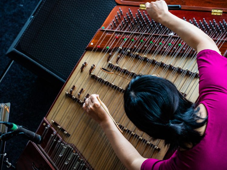 Image of A person in a magenta shirt plays a traditional stringed instrument, possibly a yangqin, seen from above. Their arms are raised as they strike or pluck the strings with mallets or hammers.