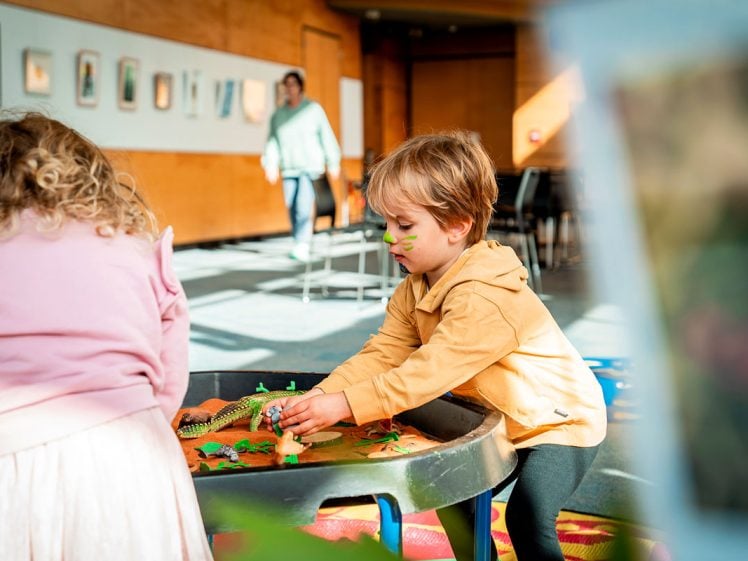 Image of A young child with face paint plays with toy animals on a sensory table, whilst another child with curly hair stands nearby. An adult is visible in the background in a brightly lit room.