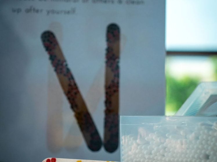 Image of A decorated lolly stick with colourful dot patterns lies in front of a container of white beads and a sign reading LOLLY STICK DOT ART. Please be mindful of others & tidy up after yourself.