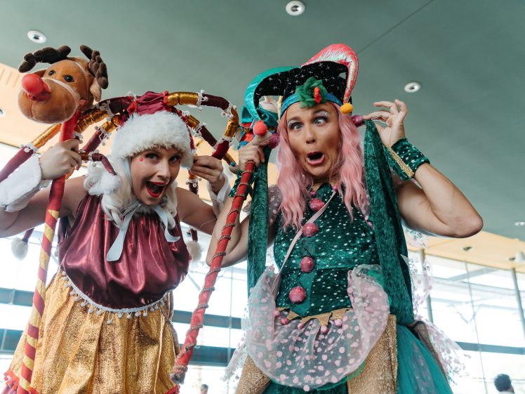 Image of Two people in colourful, whimsical costumes pull funny faces. One wears a reindeer hat and Santa dress, while the other sports a green and pink outfit with a fantasy hat and pink wig. They pose indoors under a high ceiling.