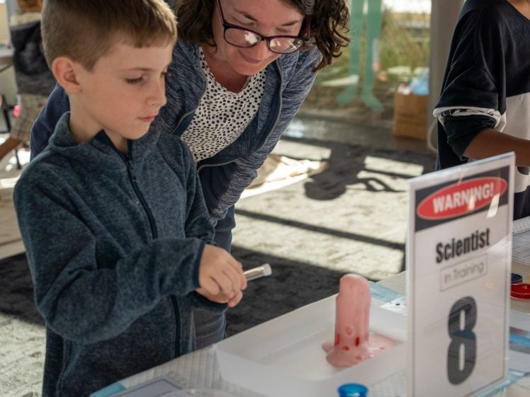 Image of A boy uses a dropper for a science experiment as a smiling woman watches. A sign labelled scientist in training and 8 is on the table next to a foaming pink eruption in a tray.