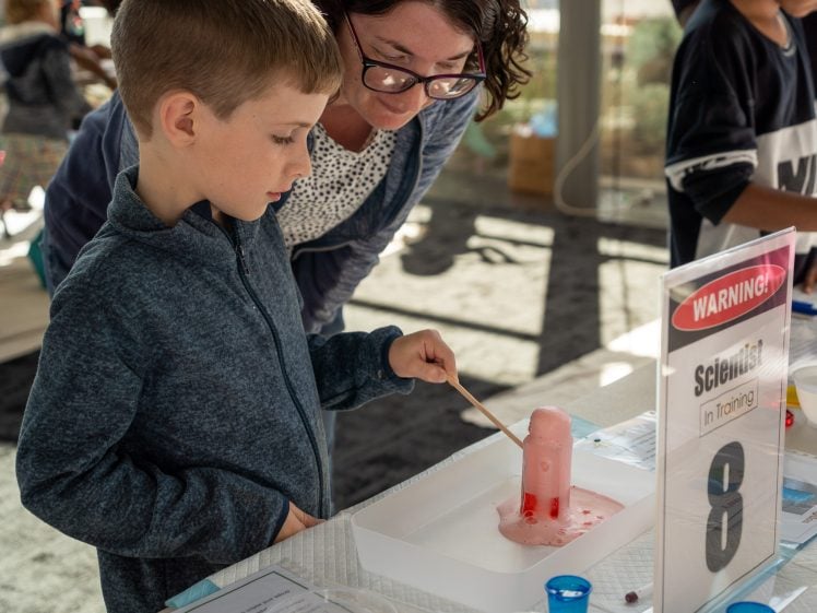Image of A young boy stirs a foaming science experiment with a stick while a woman watches and smiles. A sign next to them reads WARNING! Scientist In Training. Various science materials are on the table.