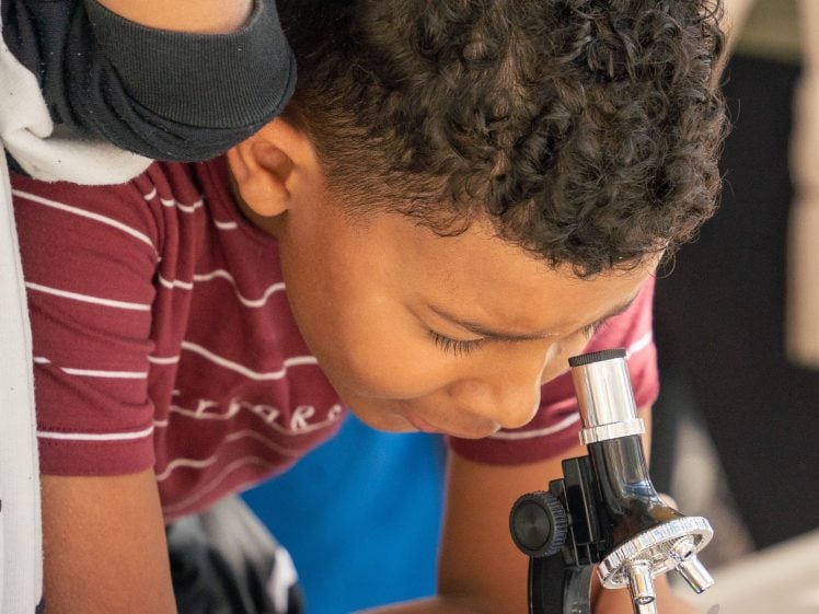 Image of A young boy with curly hair, wearing a red striped shirt, leans forward to look closely into a black microscope, showing curiosity and concentration.