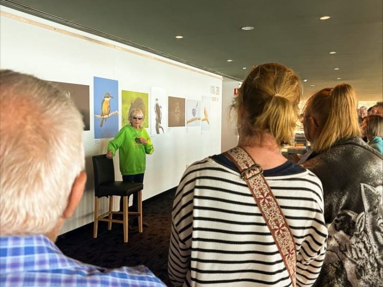 Image of A woman in a green top sits on a stool, speaking to a small audience in a gallery space with bird-themed artwork on the wall behind her. The audience is seen from behind.