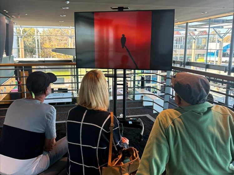 Image of Three people sit on a sofa in a modern, sunlit room, watching a large screen displaying a silhouette of a person against a red background. A tan handbag rests beside them. Large windows are in the background.