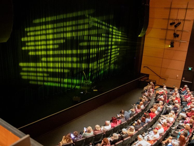 Image of Audience seated in a theatre awaits a performance; the stage is set with two microphones and illuminated by green, stripe-patterned stage lights against closed curtains.