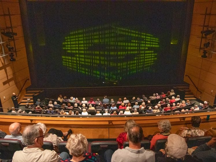 Image of Audience seated in a theatre, facing a stage with yellow-green patterned lights projected onto a closed curtain. The theatre has wooden walls and tiered seating, and the atmosphere appears anticipatory before a performance.