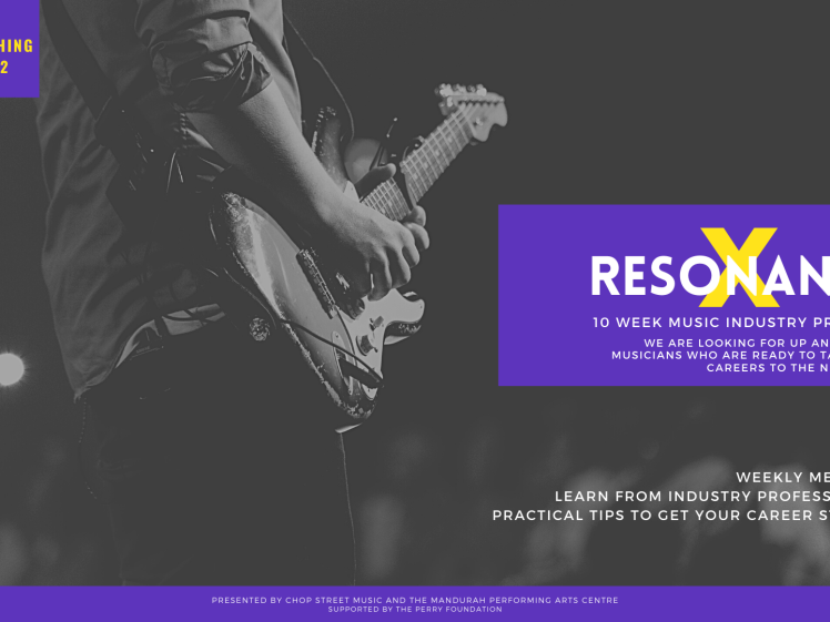 Image of A greyscale image of a musician playing electric guitar. Overlay text reads: Launching 2022. RESONANCE: 10 week music industry programme. We are looking for up and coming musicians ready to take their careers to the next level.