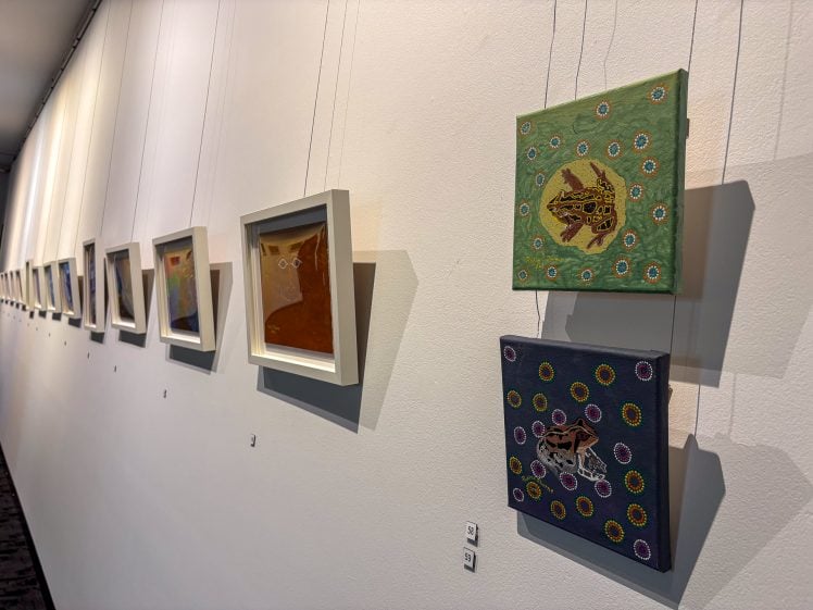Image of A row of framed and canvas artworks hangs on a white gallery wall. Two colourful square paintings featuring animal designs are in the foreground, whilst smaller, framed pieces recede into the distance along the wall.