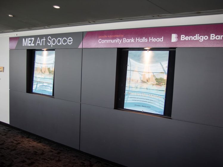 Image of A wall display labelled MEZ Art Space sponsored by Community Bank Halls Head and Bendigo Bank, featuring framed artwork in two window-like panels.