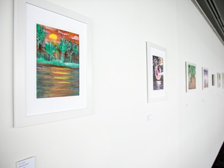 Image of A white gallery wall displays several framed artworks, including a colourful painting of a sunset over water with trees, as well as other smaller framed pieces extending down the wall.