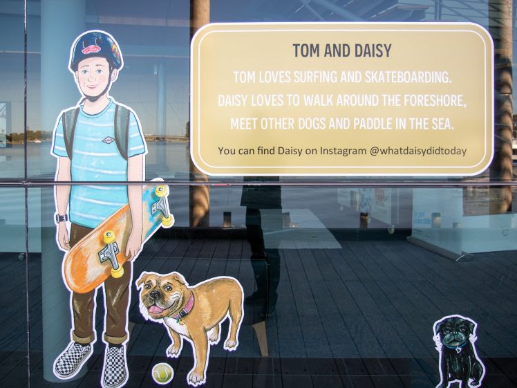Image of A colourful display with cut-outs of a boy holding a skateboard and a dog, next to a sign that reads: Tom and Daisy. Tom loves surfing and skateboarding. Daisy loves to walk around the foreshore, meet other dogs and paddle in the sea.