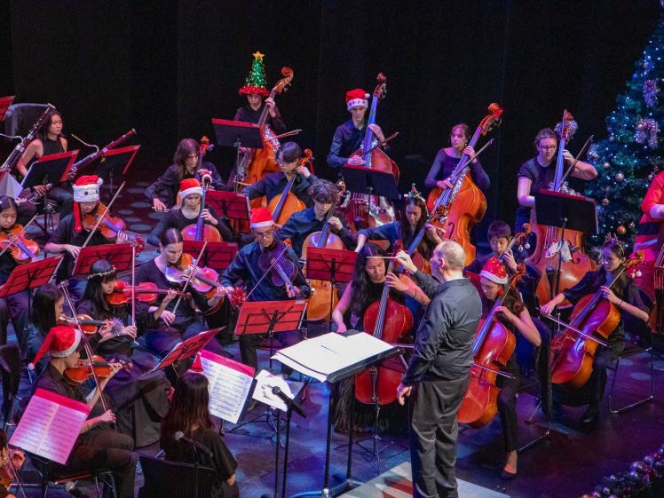 Image of A conductor leads an orchestra of musicians, many wearing Santa hats or festive headbands, as they play string instruments on stage near a decorated Christmas tree.