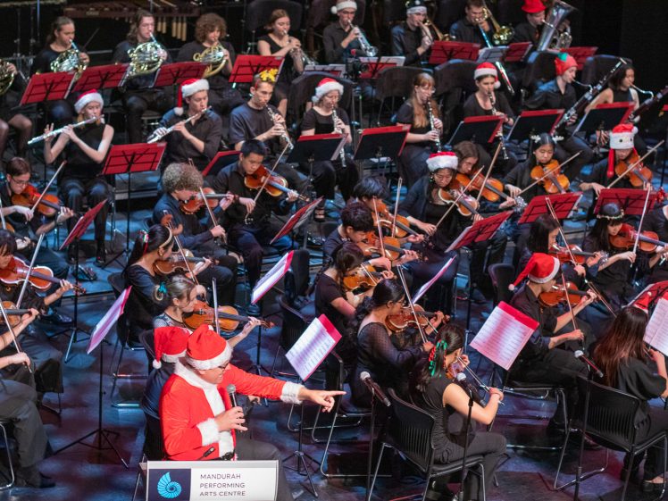 Image of A large orchestra performs on stage, with many musicians wearing Father Christmas hats. The conductor, also in a Father Christmas hat, gestures while seated. Music stands with red folders are in front of each musician. A sign reads Manukau Performing Arts Centre.