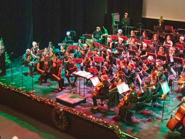 Image of A large orchestra performs on stage, with musicians wearing festive Santa hats. A conductor stands at a podium on the left. The stage is decorated with Christmas wreaths and garlands, and an audience watches from below.