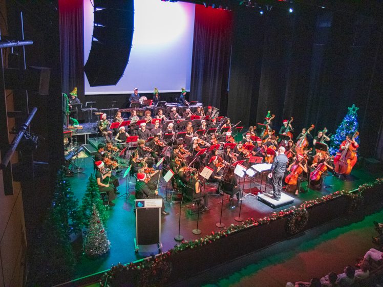 Image of An orchestra performs on stage decorated with Christmas lights and trees. Musicians wear Father Christmas hats, and a conductor leads them. The audience is visible in the foreground, and festive holiday decorations line the stage.