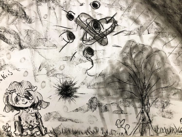 Image of A charcoal drawing shows a person with short hair standing in grass, looking up at a spiralling UFO in the sky. Trees and clouds fill the background, and a dark burst shape appears beneath the UFO.