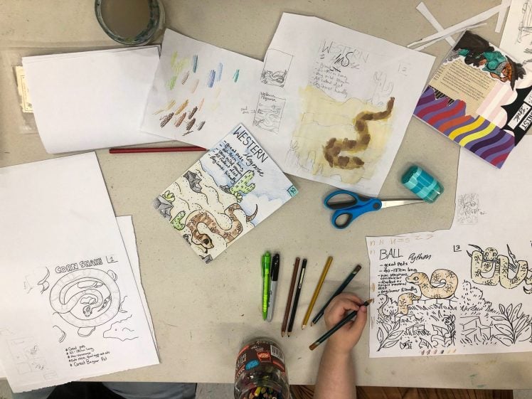 Image of A tabletop with sketches, coloured pencils, felt-tip pens, scissors, and a comic book page featuring snakes and western themes. A hand is drawing and colouring on one of the sheets.