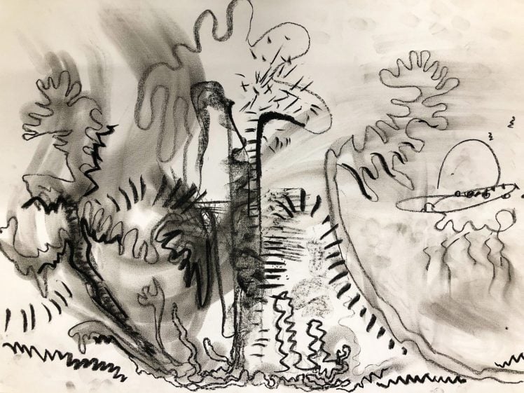 Image of Abstract black and white drawing with wavy, swirling lines and shapes. In the right area, a UFO-like object with small figures inside appears above the ground. Organic and geometric forms fill the rest of the image.