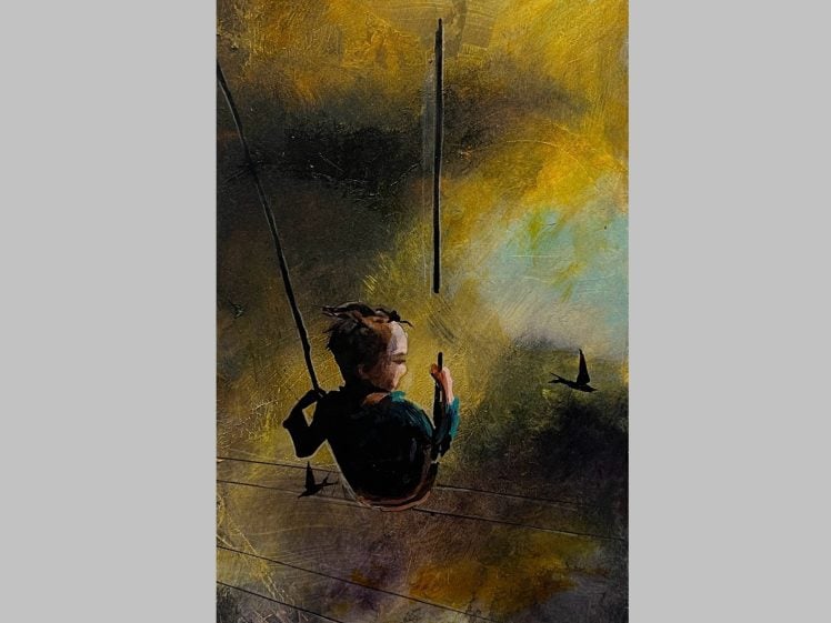Image of A painting of a child on a swing, gazing upwards with one hand raised. The background is abstract, with swirling yellow, green, and grey tones and three black bird silhouettes flying nearby.