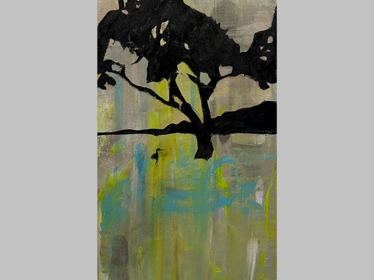 Image of Abstract painting of a large black tree with spreading branches, set against a muted background of grey, green, and yellow tones. A small black silhouette, possibly a person, stands beneath the tree.