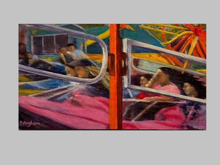 Image of A colourful painting shows people riding a fairground attraction, with blurred motion suggesting speed. Metal bars and bright carnival lights are visible, creating a lively, energetic atmosphere.