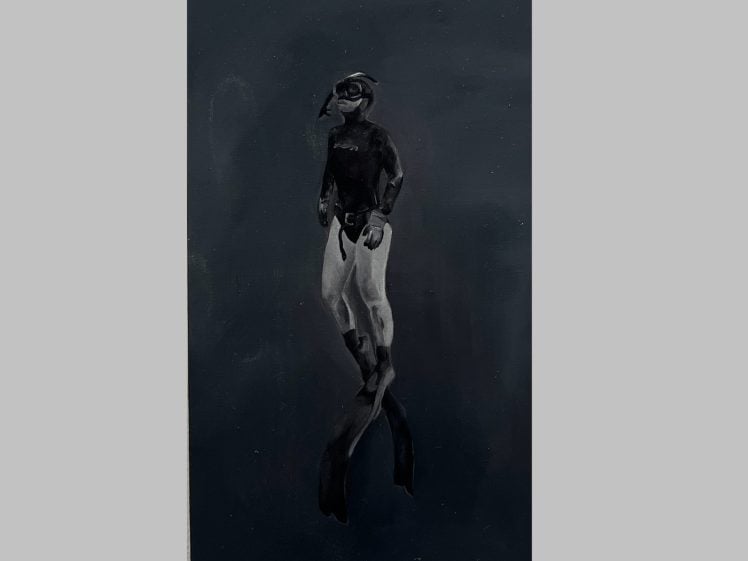 Image of A black and white painting depicts a person wearing a snorkel, mask, and fins, floating upright against a dark background. The figure is facing slightly to the left, with their arms relaxed by their sides.