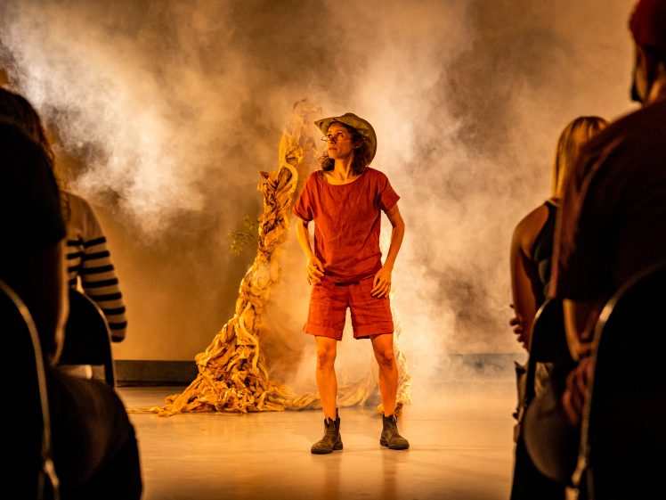 Image of A performer in a red outfit and hat stands on stage in front of an audience, with dramatic lighting and smoke, and a tree-like prop in the background.