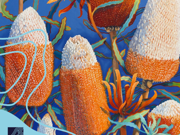 Image of A vibrant illustration of orange and white banksia flowers with blue and green leaves on a bright blue background. The Mandurah Open Studios logo and text appear in the bottom left corner.