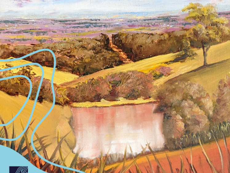 Image of A colourful painting of a rolling countryside landscape with a pond, grassy hills, trees, and a cloudy sky. The Mandurah Open Studios logo is in the lower left corner.