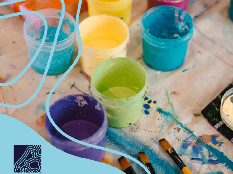 Image of Plastic pots filled with colourful paints and several paintbrushes are scattered on a messy, paint-splattered surface. Text reads Mandurah Open Studios with a blue abstract graphic in the corner.