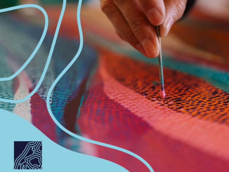 Image of A close-up of a hand painting colourful patterns on a canvas with a fine brush. The Mandurah Open Studios logo and text appear in the lower left corner. Blue wavy lines overlay the image.